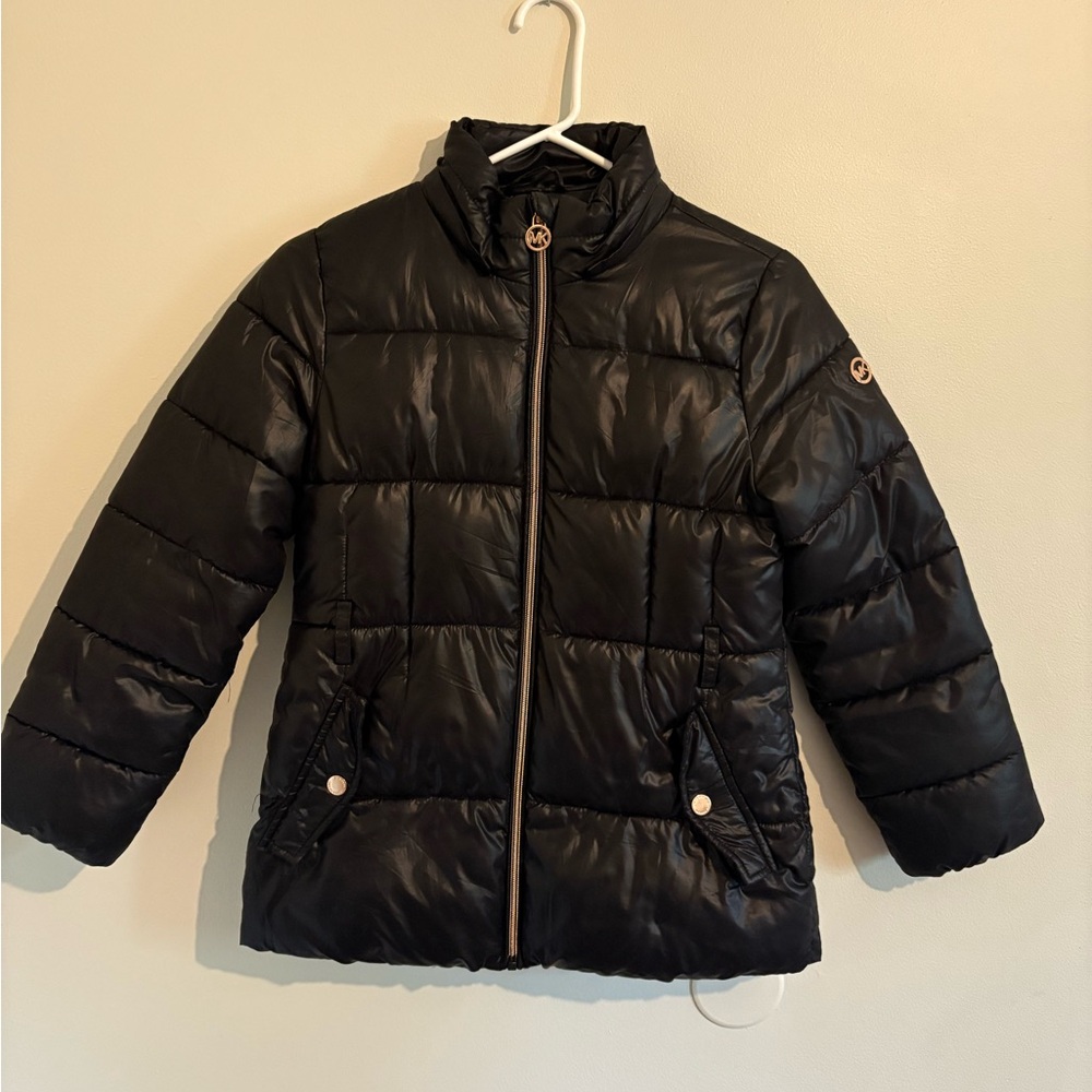 Michael Kors Black Puffer Jacket with High Collar and Glossy Finish